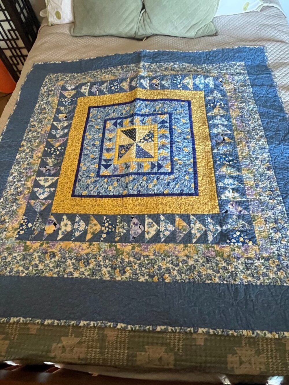Folk Art Handmade Triangle Flower Design Yellow Blue Quilt - 4' x 4'
